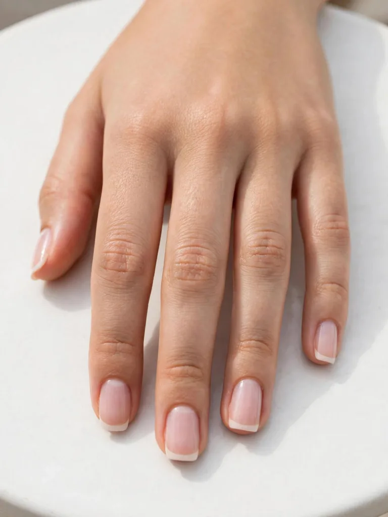 Classic French tip nails with sheer pink base and white tips