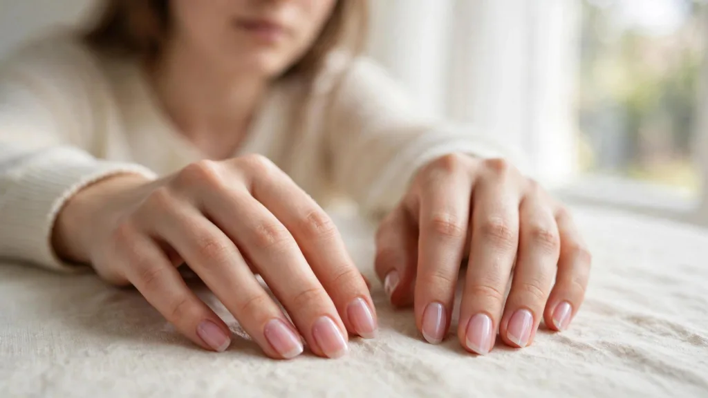 French girl nails with a sheer pink base and thin white tips on almond-shaped nails