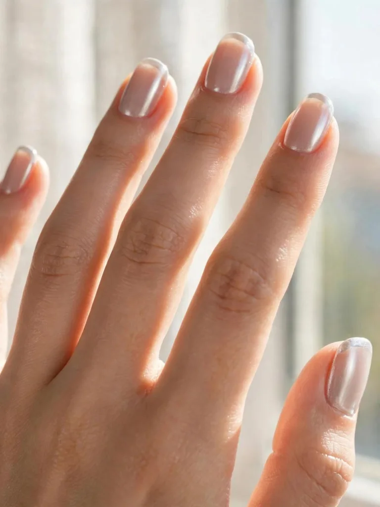 Glazed French nails with a pearly chrome sheen