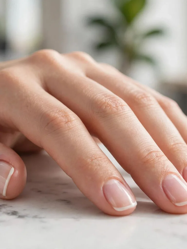 Short square French nails with a sheer base and thin white tip