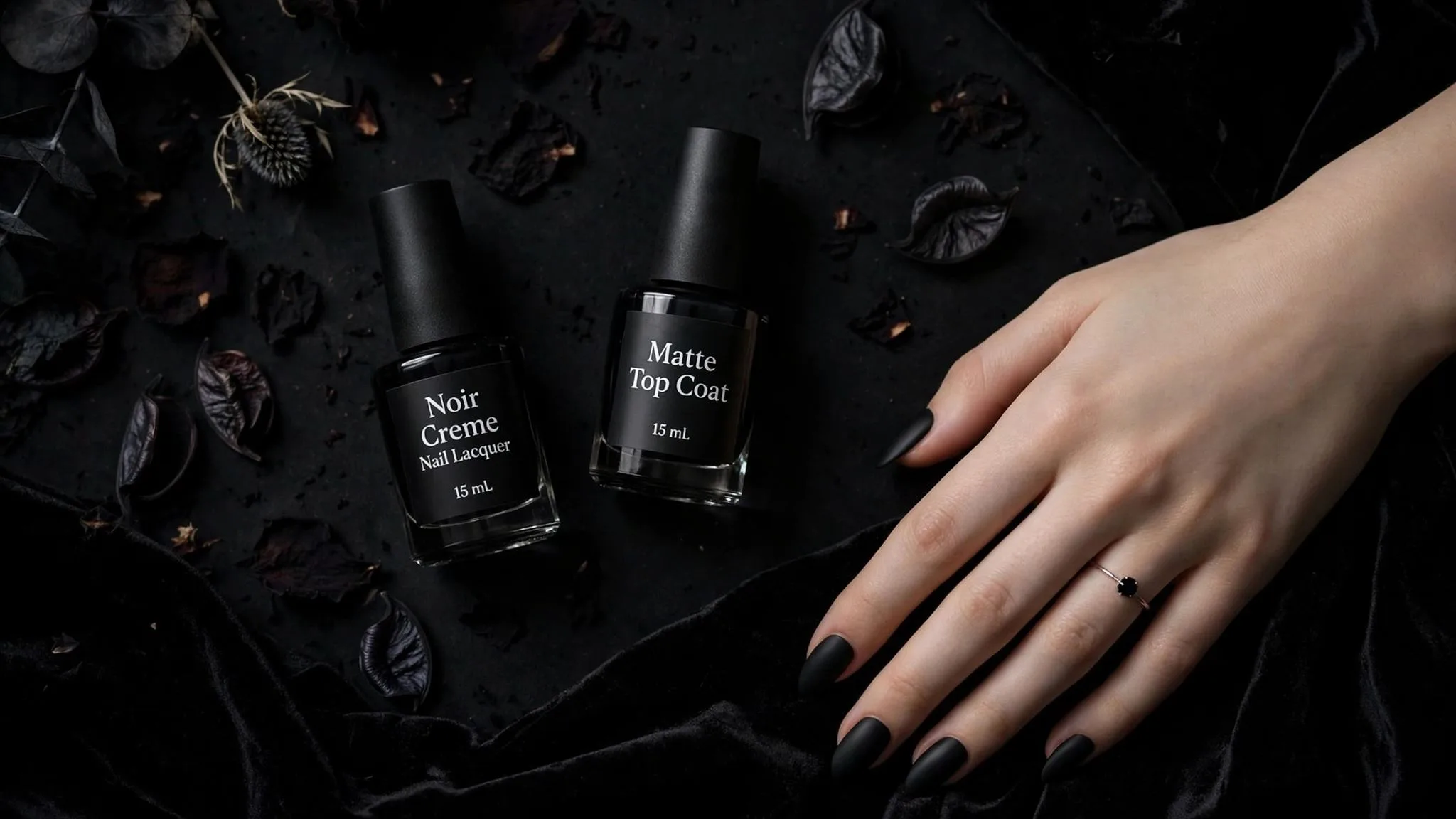 Gothic nails flat lay with black polish bottles and a dark manicured hand on black velvet
