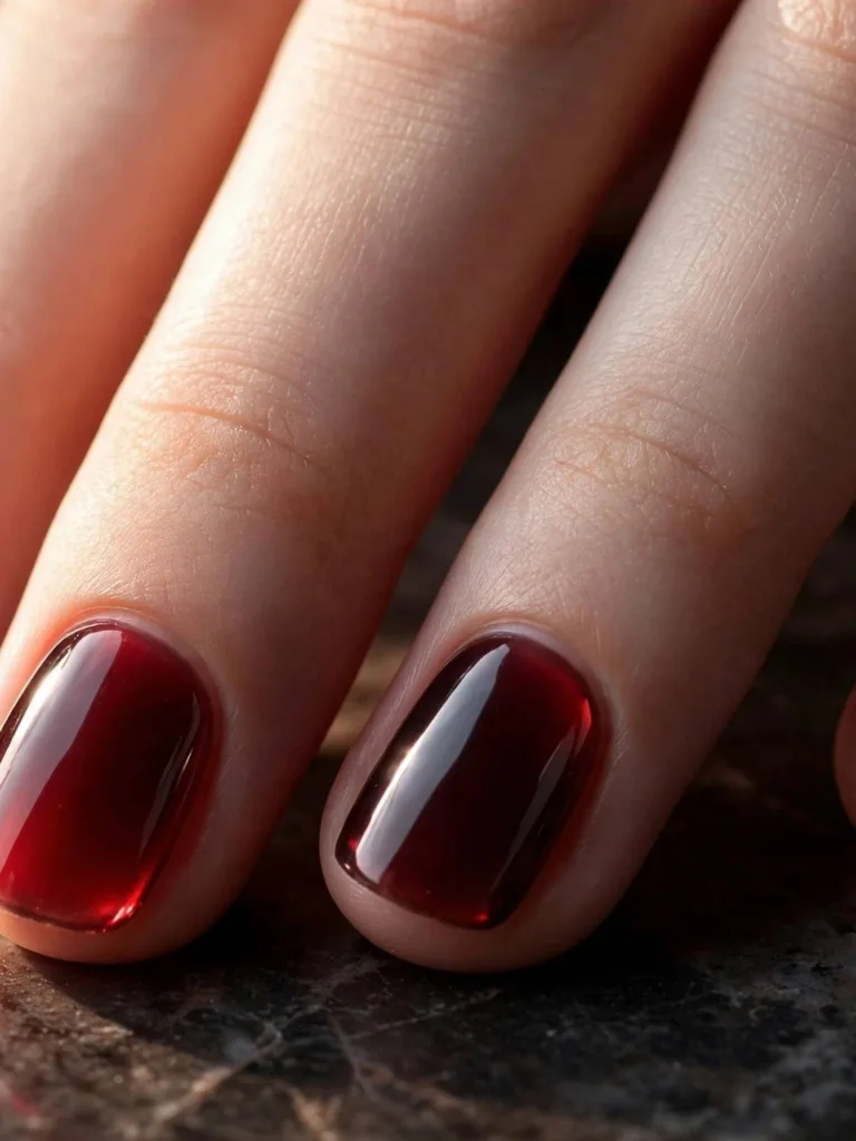 Black cherry jelly nails with a glossy translucent dark red finish