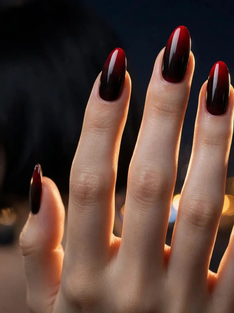 Black to blood red ombre goth nails on long almond nails