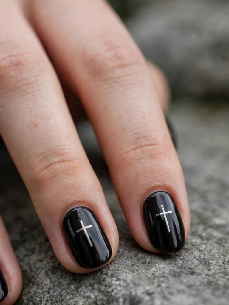 Black cross nails with small silver crosses on the ring fingers
