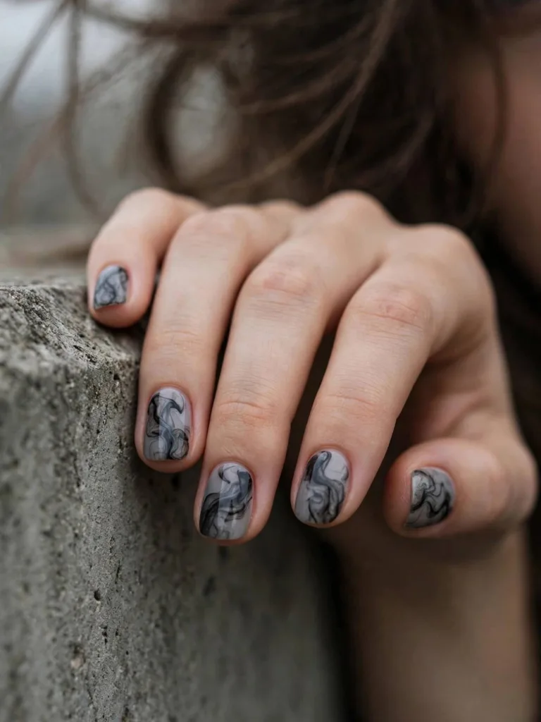 Grunge smoke marble nails with swirling gray and black