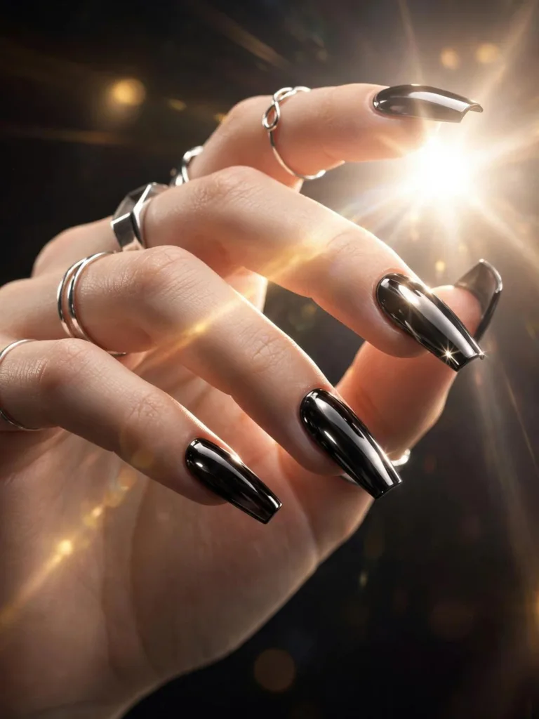 Rockstar black chrome nails with a mirror shine finish