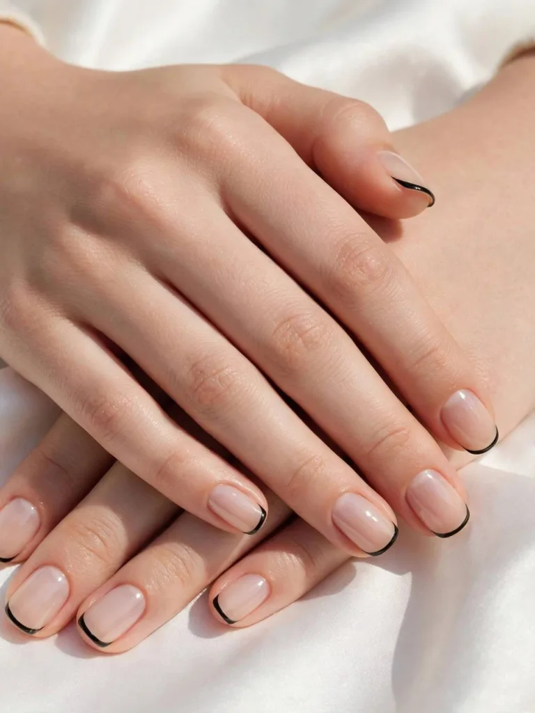 Midnight French tip nails with black tips over sheer nude