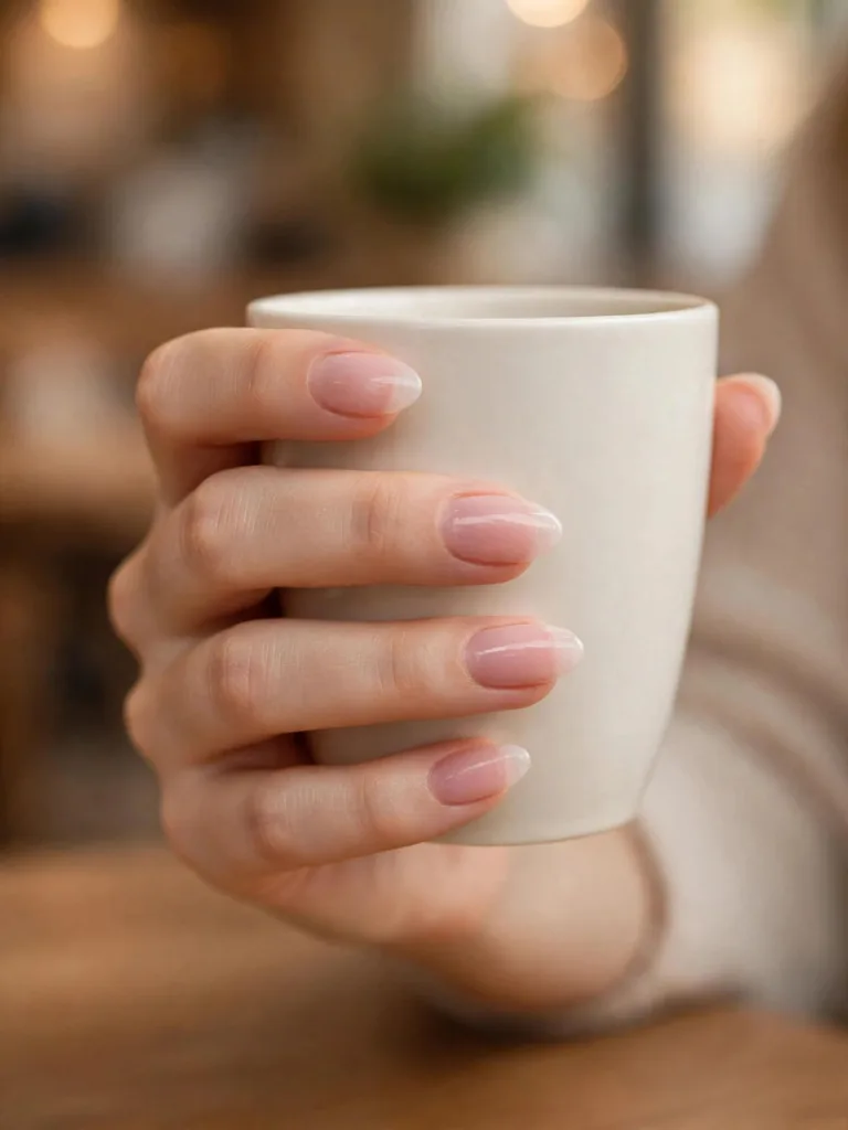 Ghost rose manicure holding a ceramic coffee cup