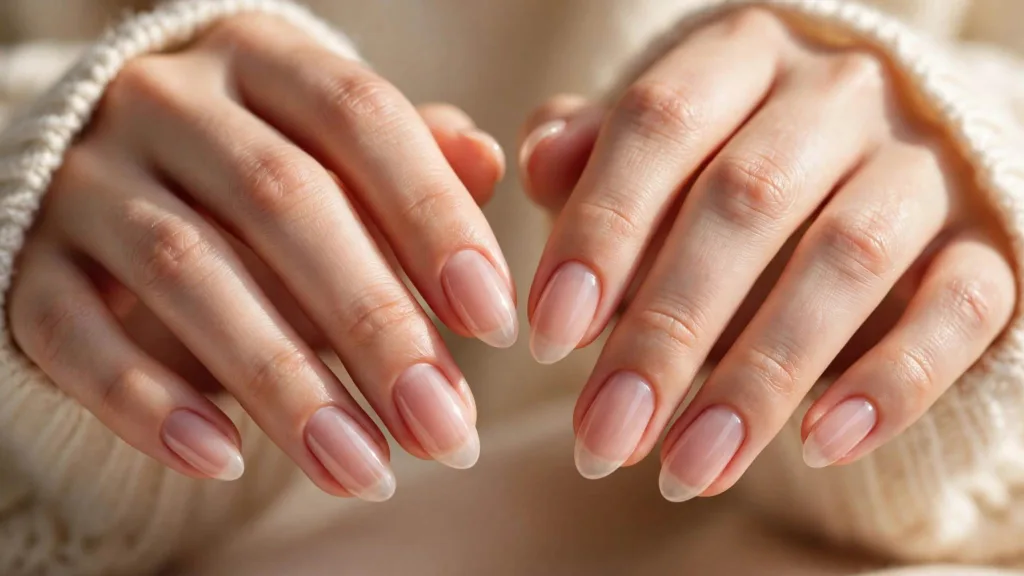 Close-up of ghost rose nails, a sheer milky-rose manicure on almond-shaped nails