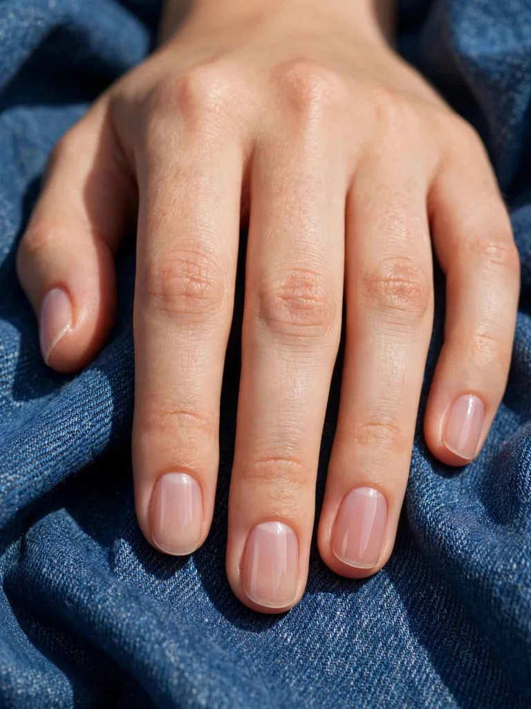 Short rounded nails with ghost rose polish