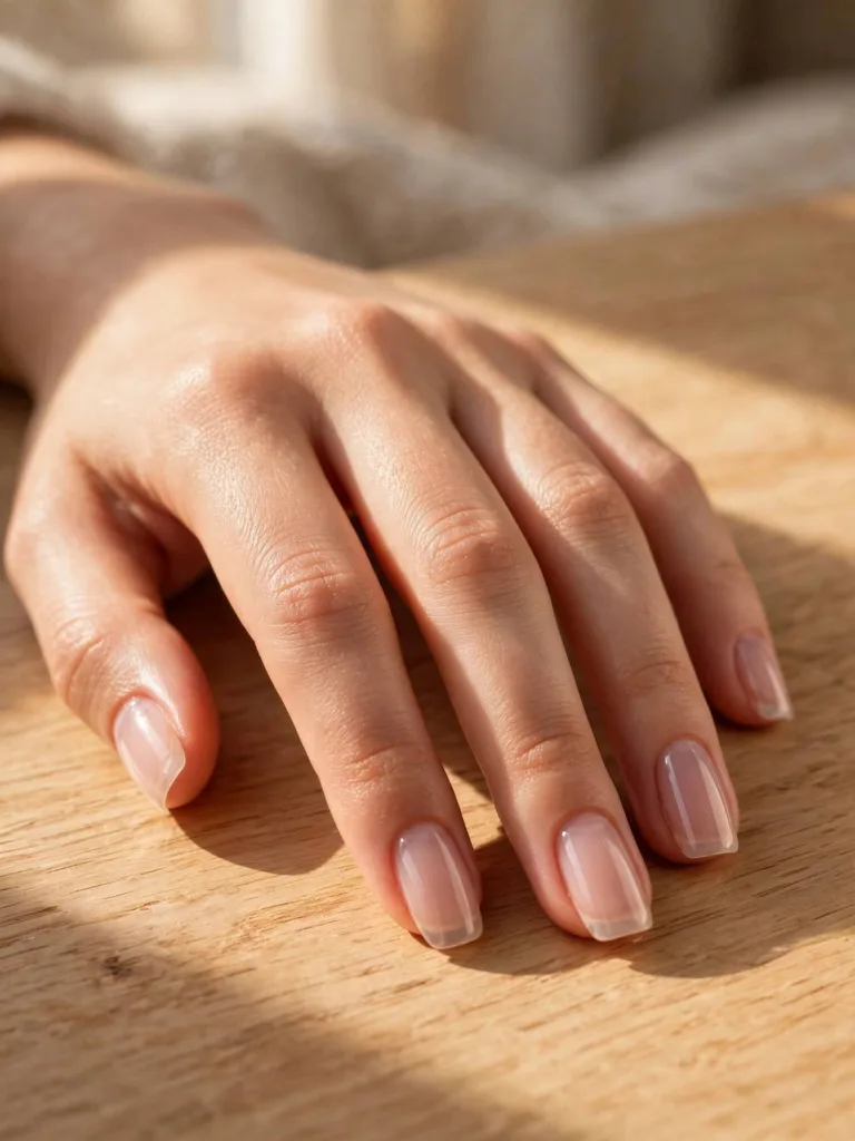 Squoval nails with milky rose tint