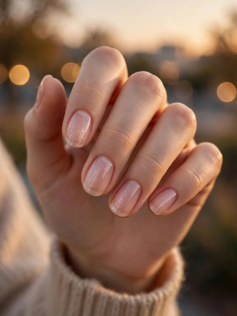 Sheer rose nails with fine glitter veil