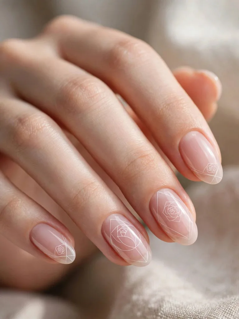 Minimal line art on sheer ghost rose nails