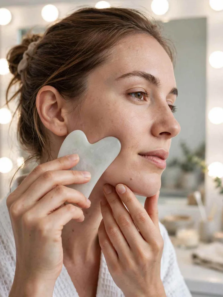 Woman holding a gua sha tool beside her jaw and cheek while supporting her chin with her other hand