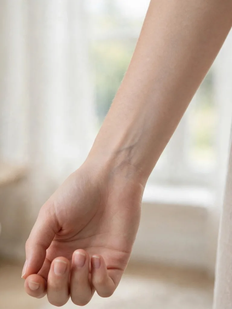 Vein test for nail polish undertone: greenish wrist veins indicating warm undertones on fair skin