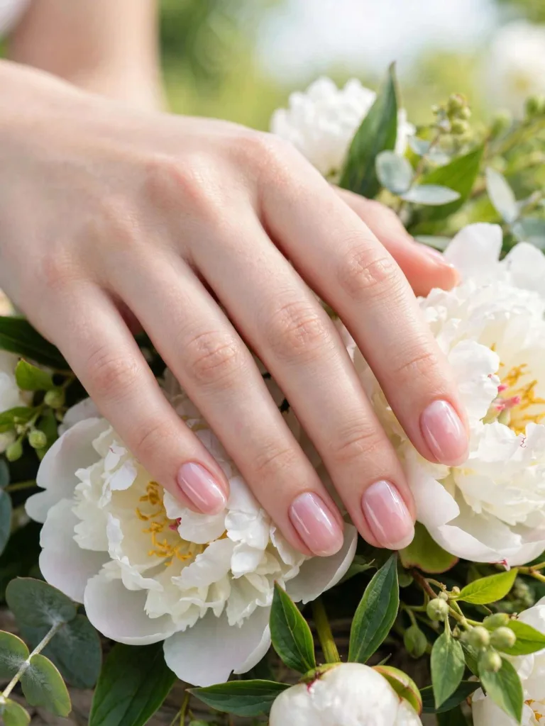 Fair skin nail colors: sheer pink manicure on a fair hand