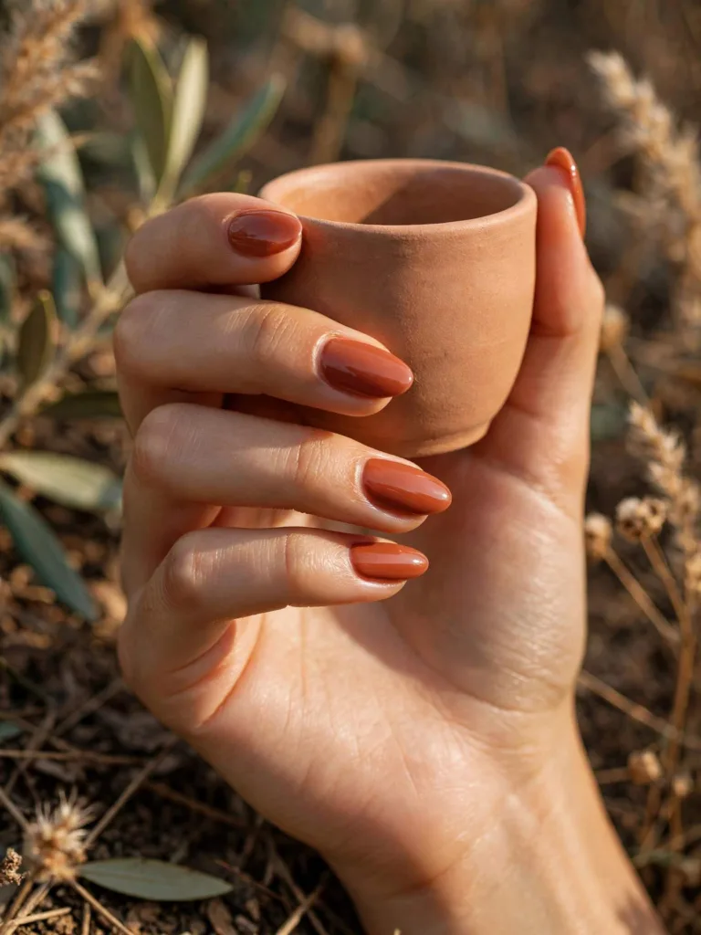 Olive skin nail colors: terracotta manicure on an olive hand