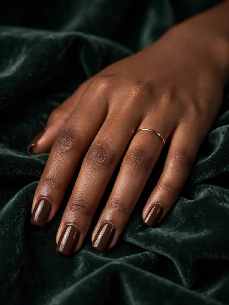 Deep skin nail colors: chocolate brown manicure on a deep skin hand