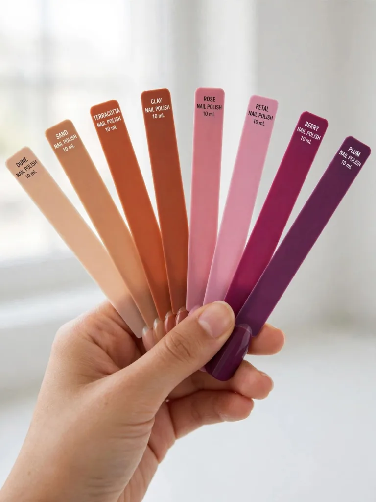 Nail polish shade matching: fan of polish swatch sticks in warm and cool tones