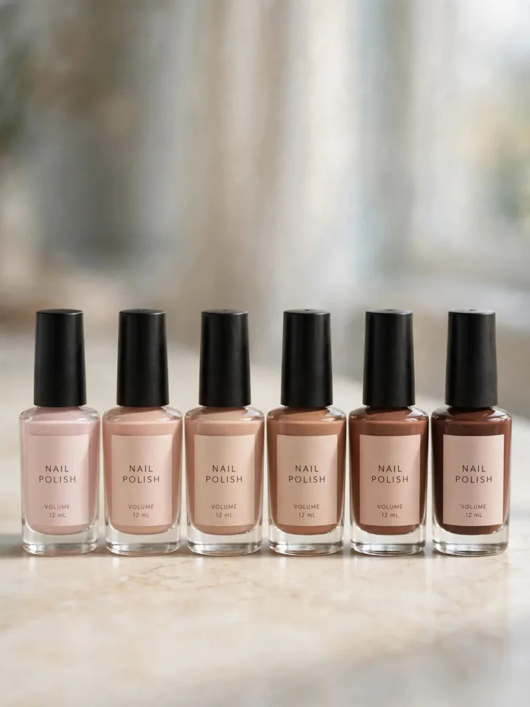 Nude nail polish shades for every skin tone lined up in a row