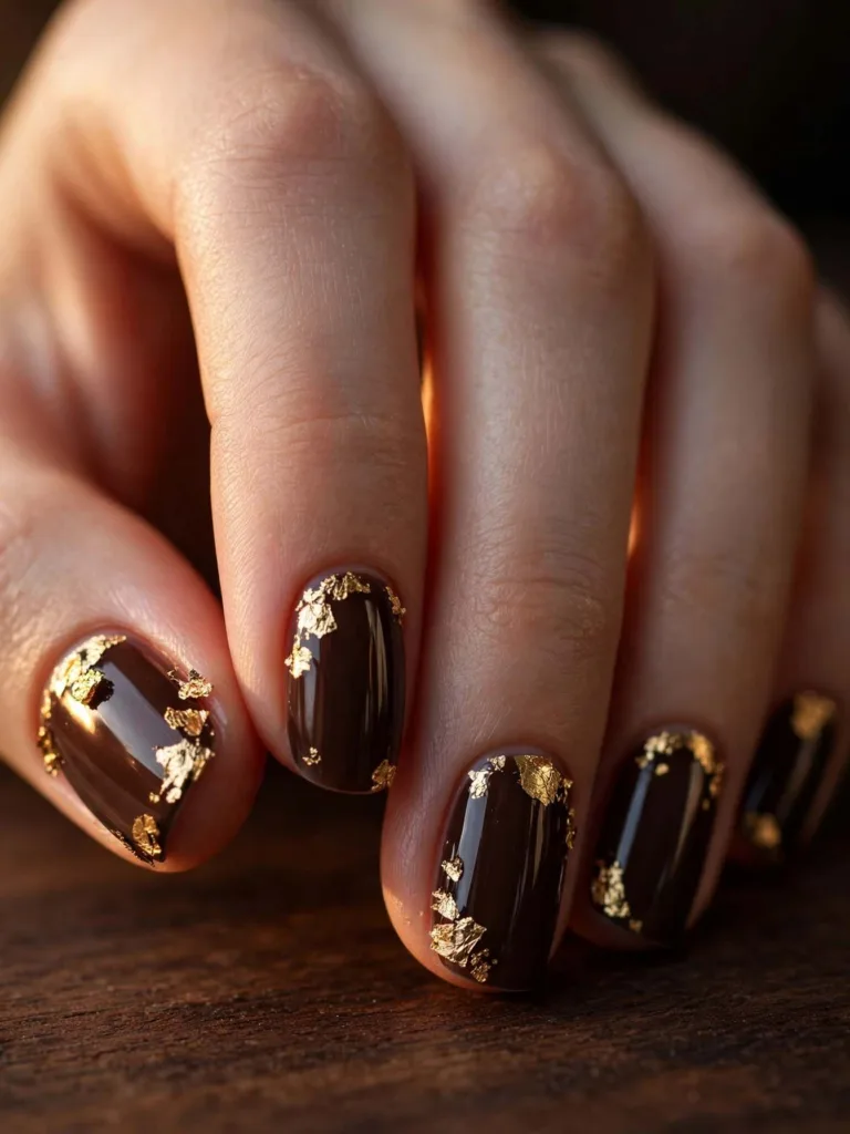 Gold and brown fall nails with foil over a chocolate base, macro