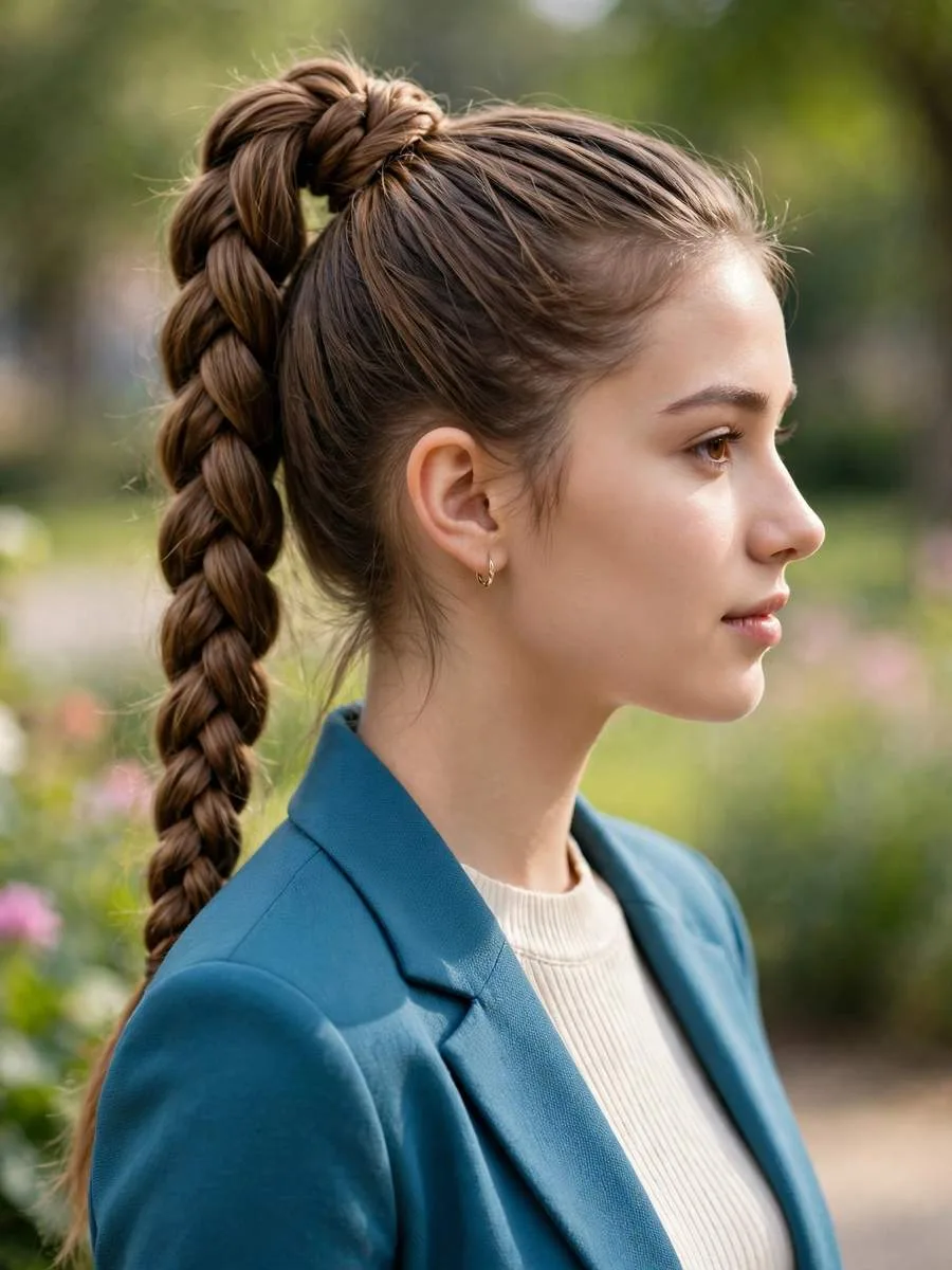 Classic high braided ponytail at the crown with a wrapped base