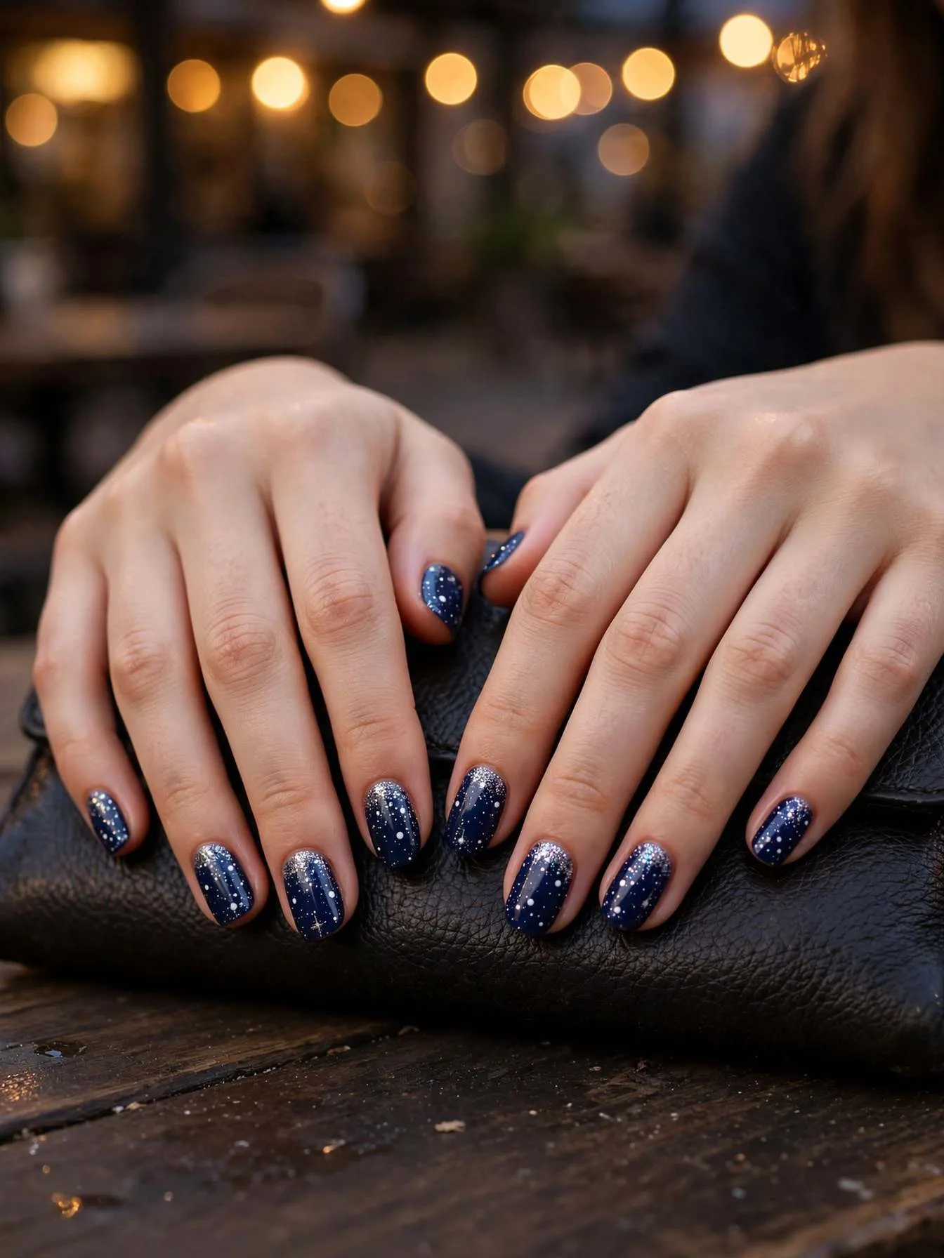 Classic midnight starfield starry night nails — deep navy nails with white dots in three sizes and sheer silver glitter topper on a dark leather clutch