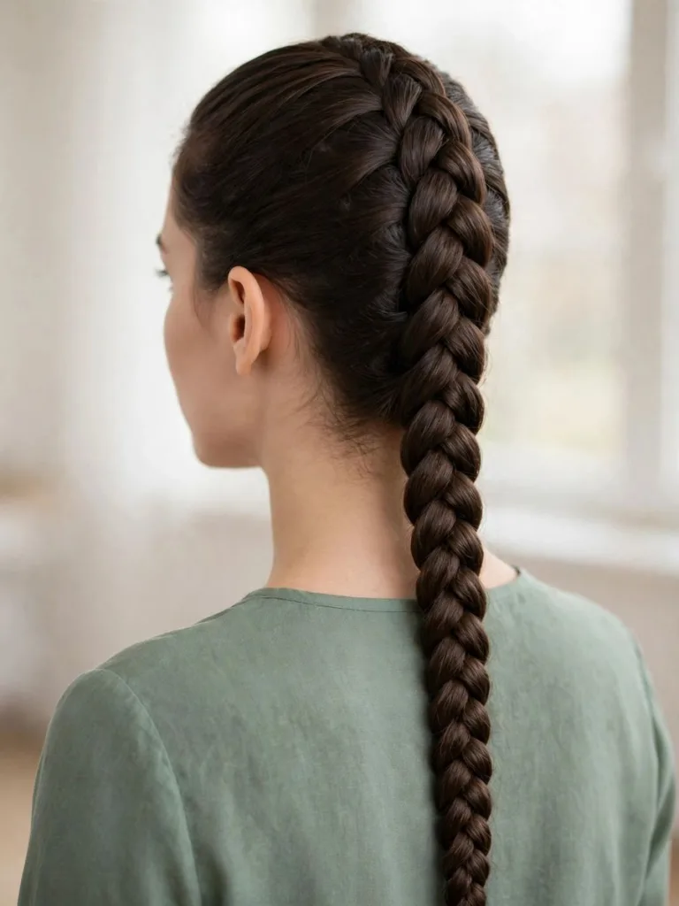 Woman with a classic single Dutch braid centered down her back