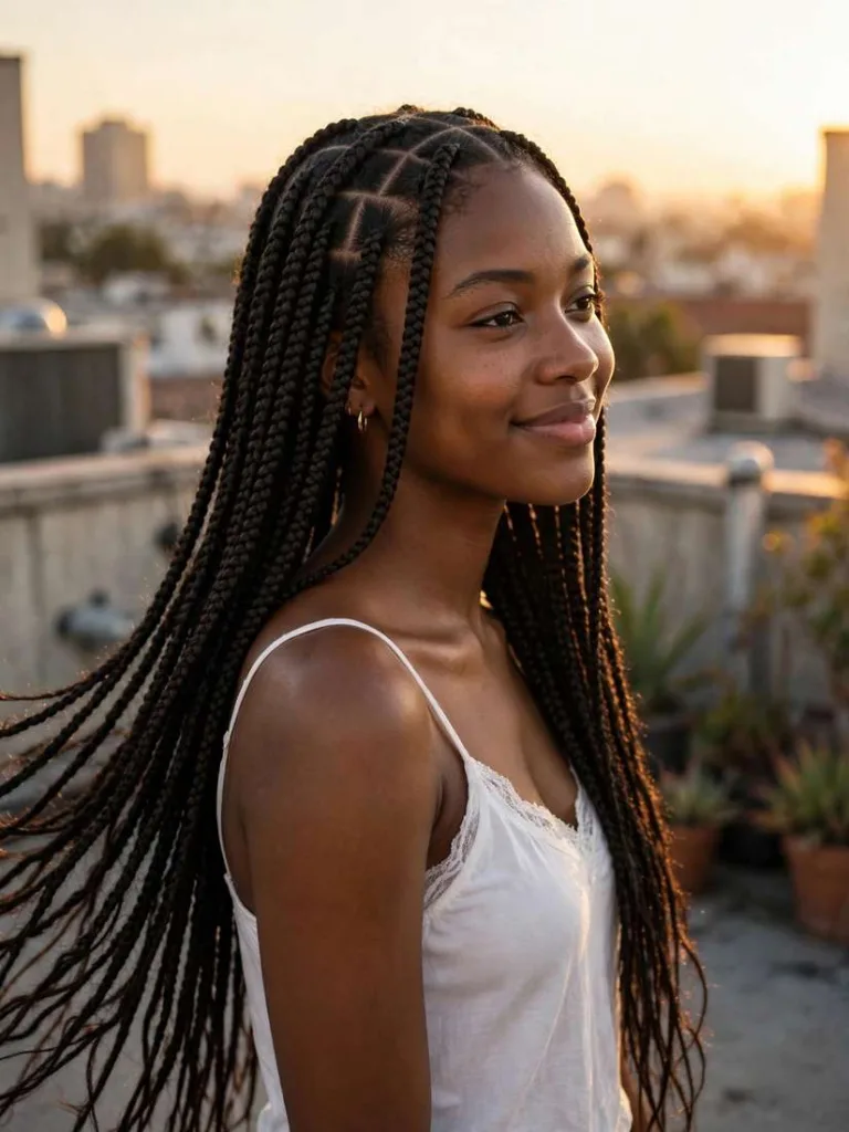 Waist-length box braids with neat square parts