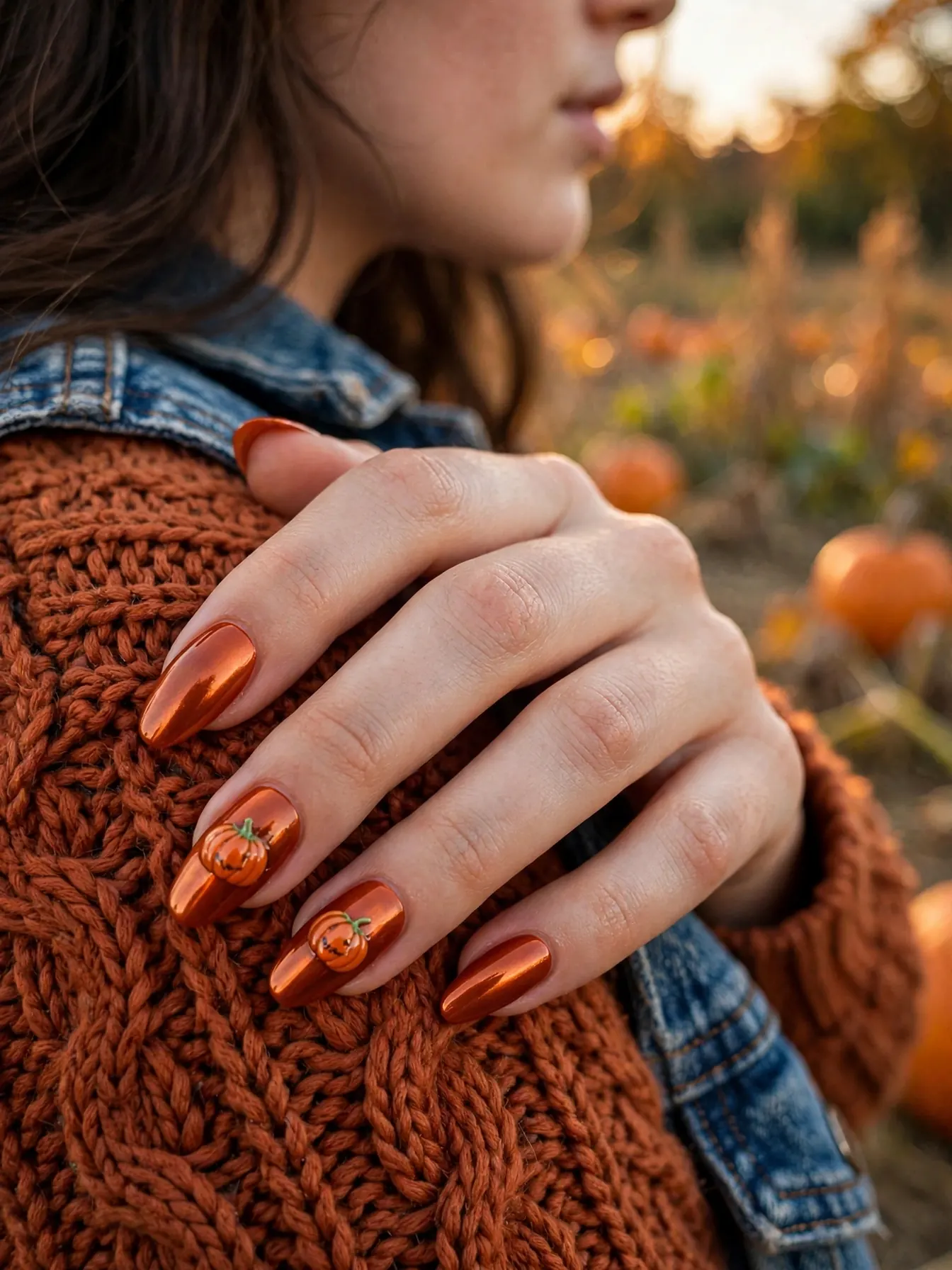 Close-up of glazed burnt-orange chrome pumpkin nails on short oval nails