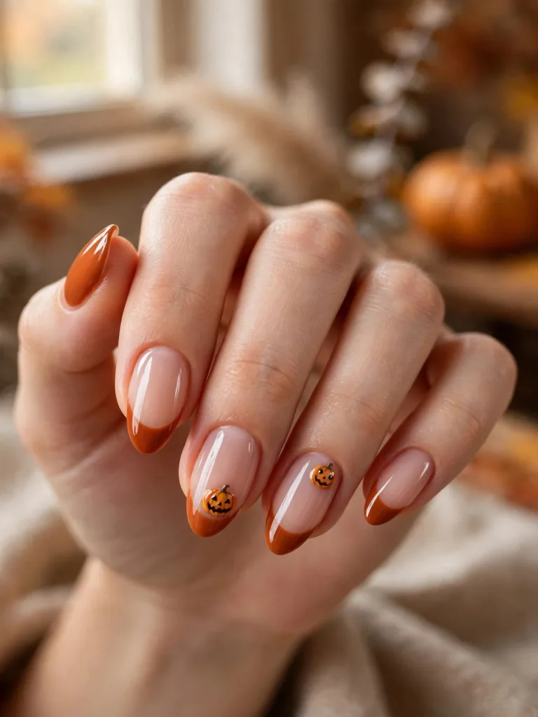 Burnt orange French tip nails with tiny hand-painted pumpkin faces on two accent nails