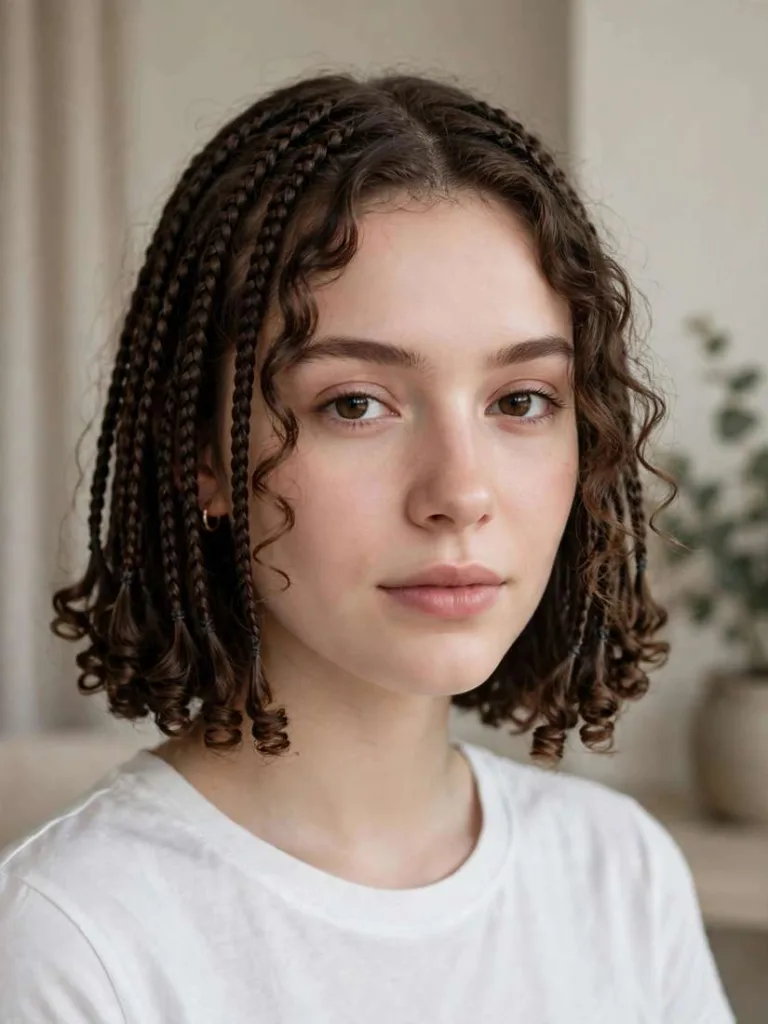 Shoulder-length boho bob with short knotless braids and curly ends