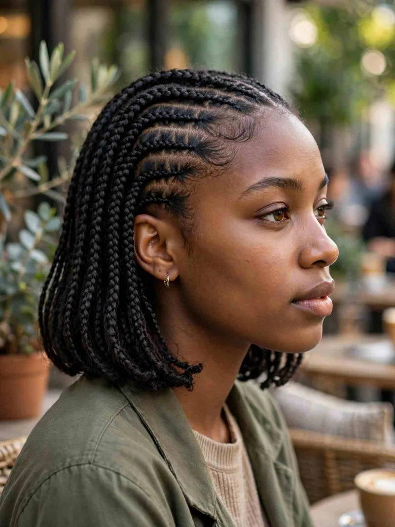 Knotless bob braids with a flat natural root base