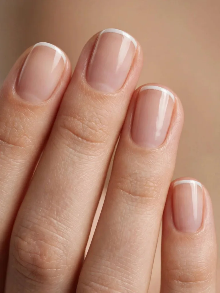 Fingertips with micro-French engagement nails, ultra-thin white tips over sheer nude