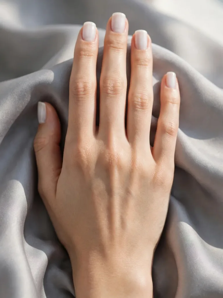 Milky white polish on short square nails, dorsal hand against soft grey silk