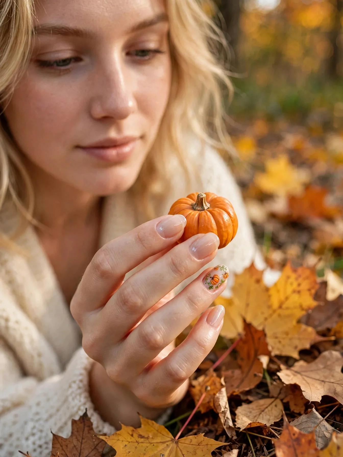Sheer nude nails with a tiny hand-painted pumpkin accent nail