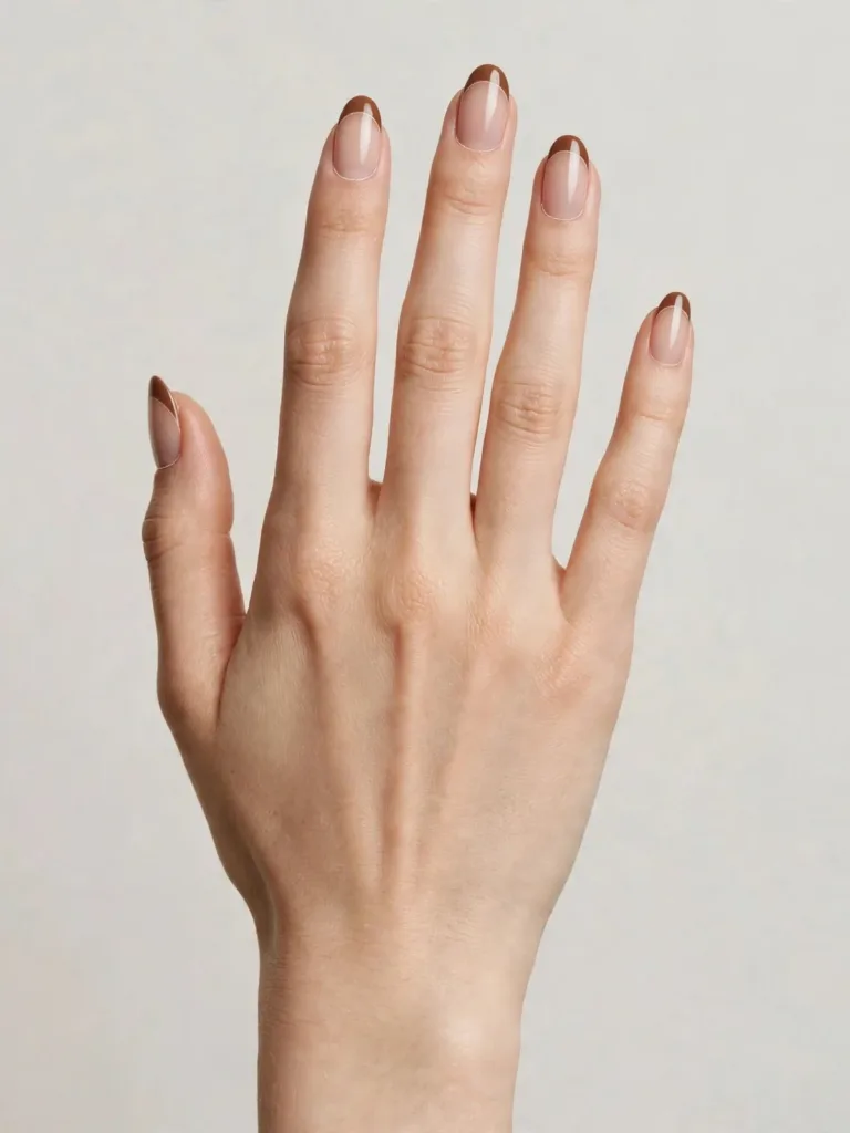 Icing-outline French tips: sheer nude nails with brown tips traced in thin white icing lines