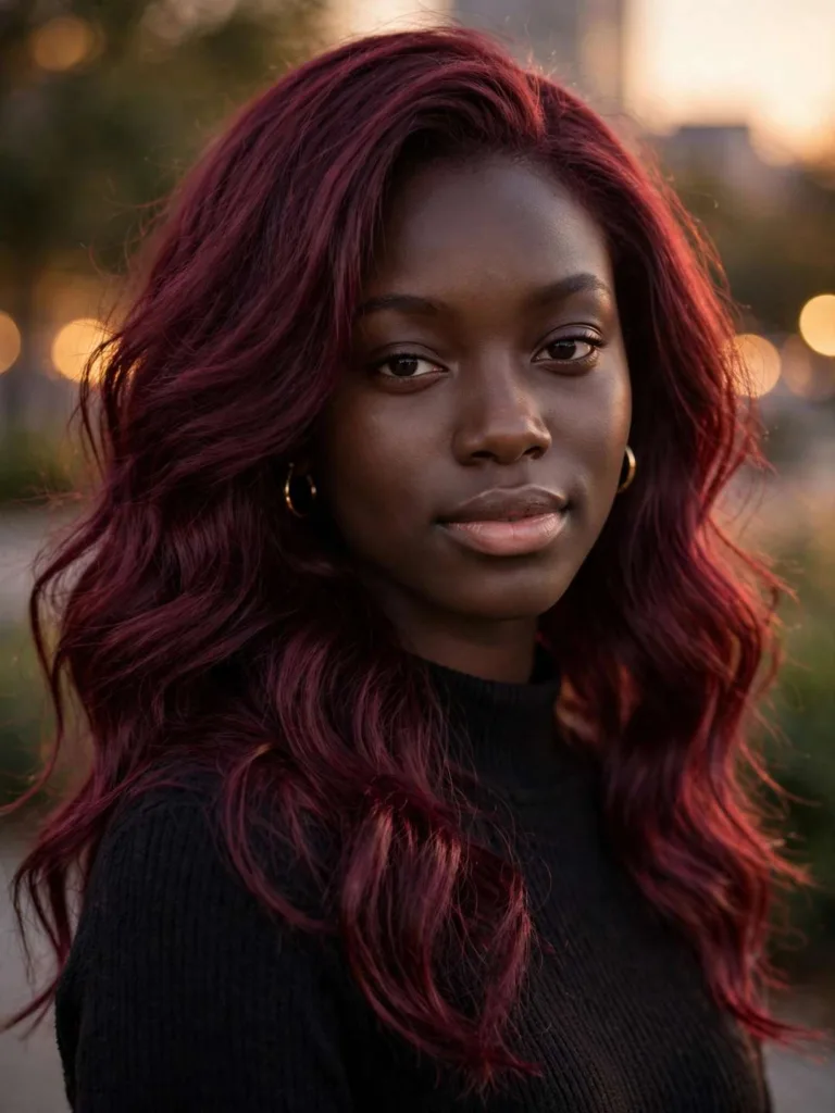 Burgundy wine waves with deep red-purple color on dark hair.