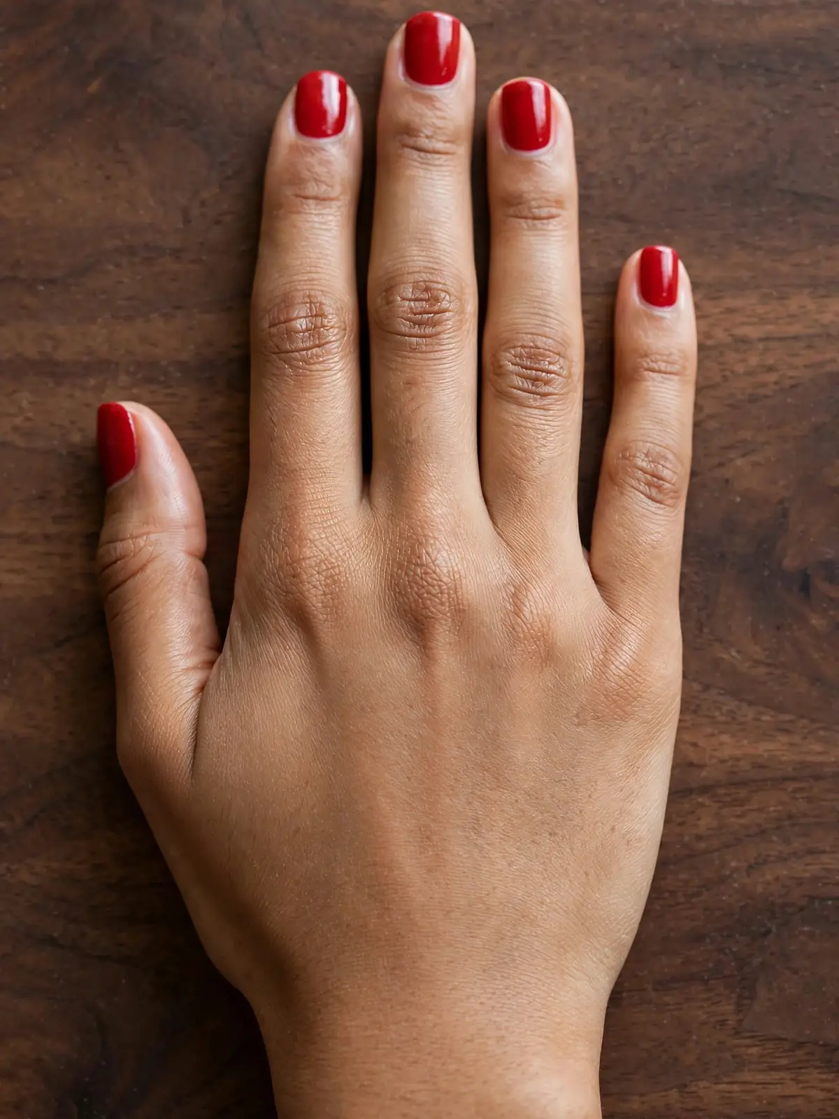 Classic cherry red glossy polish on short square nails, dorsal hand on dark wood
