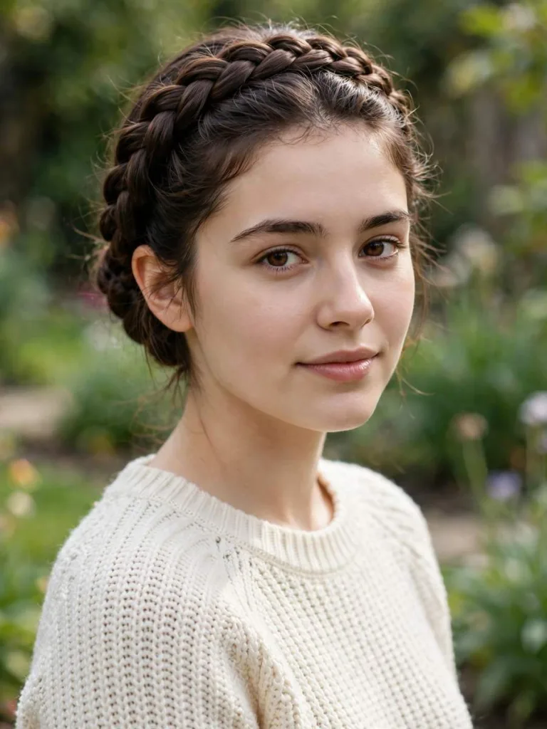 Woman with a Dutch braid crown circling her head, front view