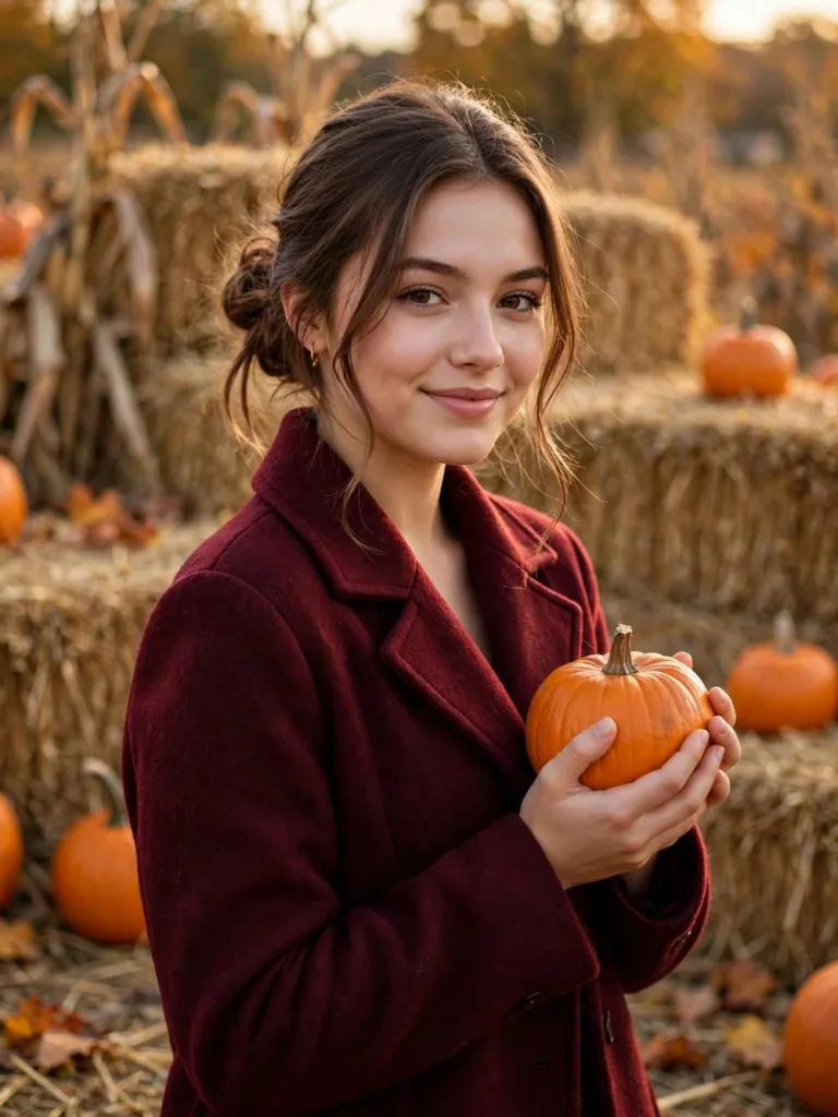 Woman with low messy bun with loose face pieces hairstyle at a pumpkin patch in fall