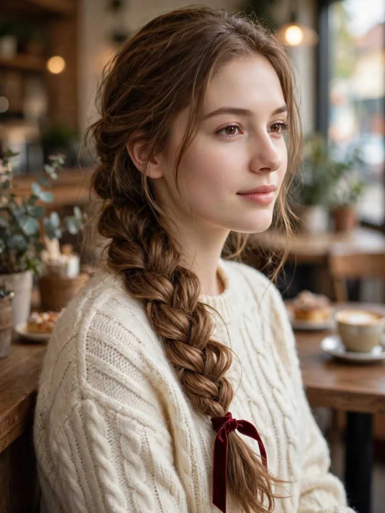Woman with relaxed side braid with ribbon hairstyle in a winter setting