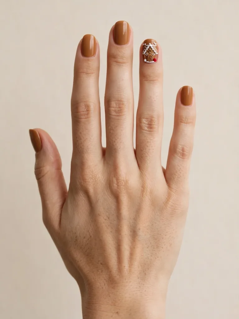 Gingerbread house accent nail with solid caramel nails