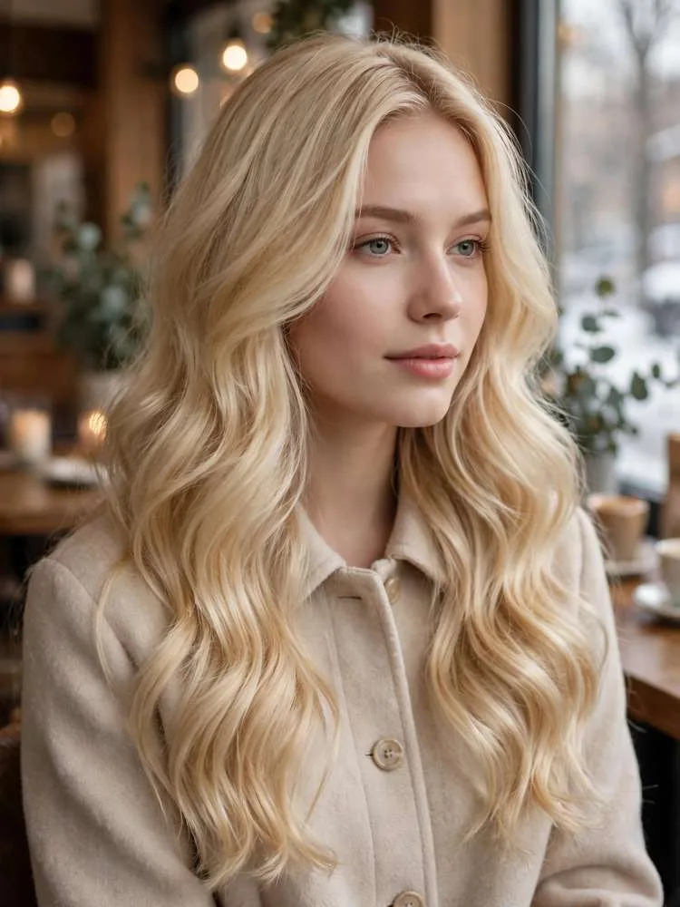 Vanilla blonde hair in soft waves, a creamy winter blonde hair color idea