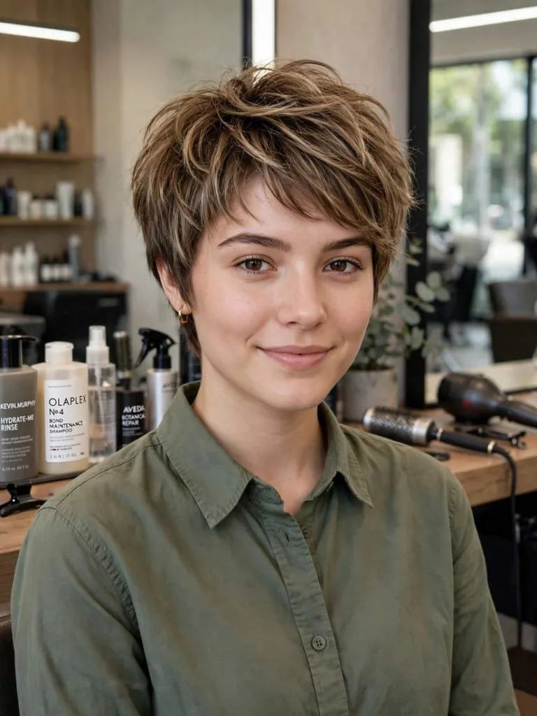 Bixie Cut haircut on a woman in a bright salon, a 2026 hair trends idea