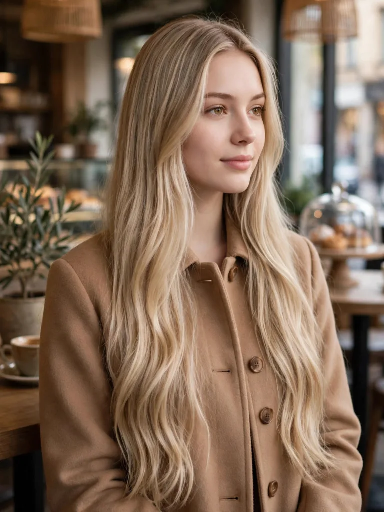 Long champagne beige blonde hair mixing beige and soft gold in front three-quarter view