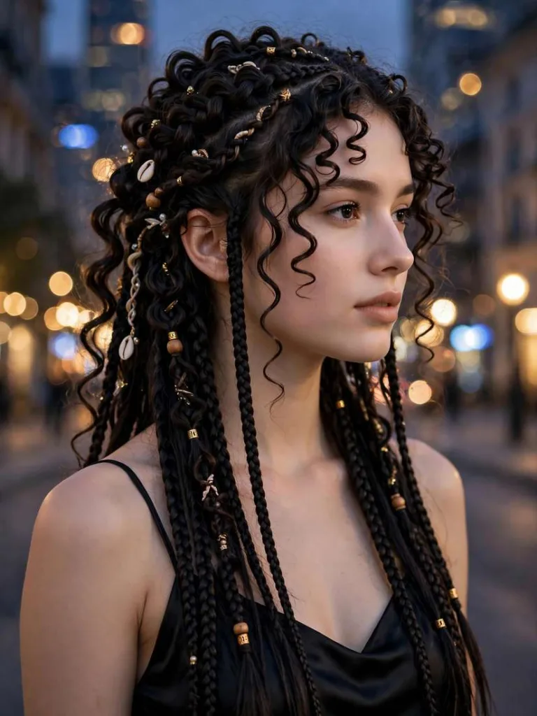Deep wave boho braids with tight glossy curls against dark knotless braids