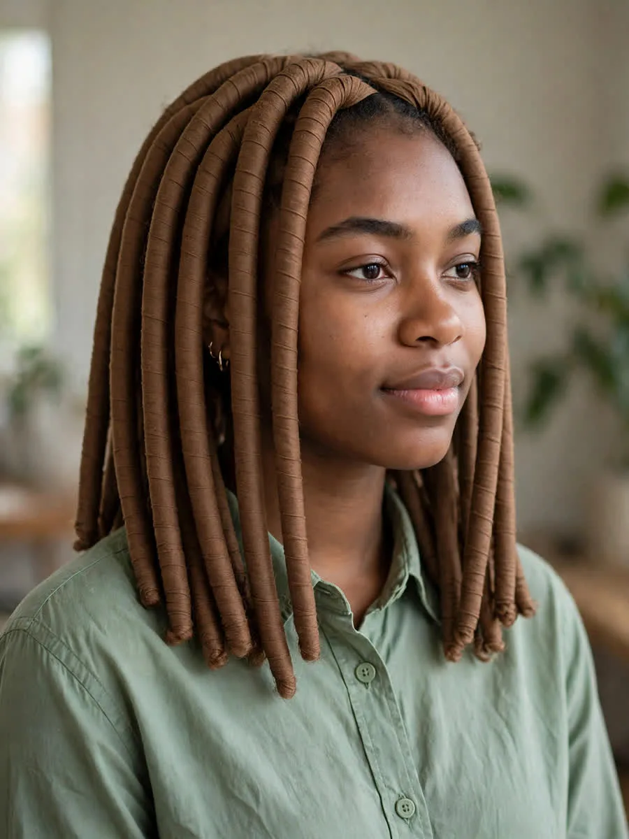 Woman with soft locs with a smooth light wrap, side view