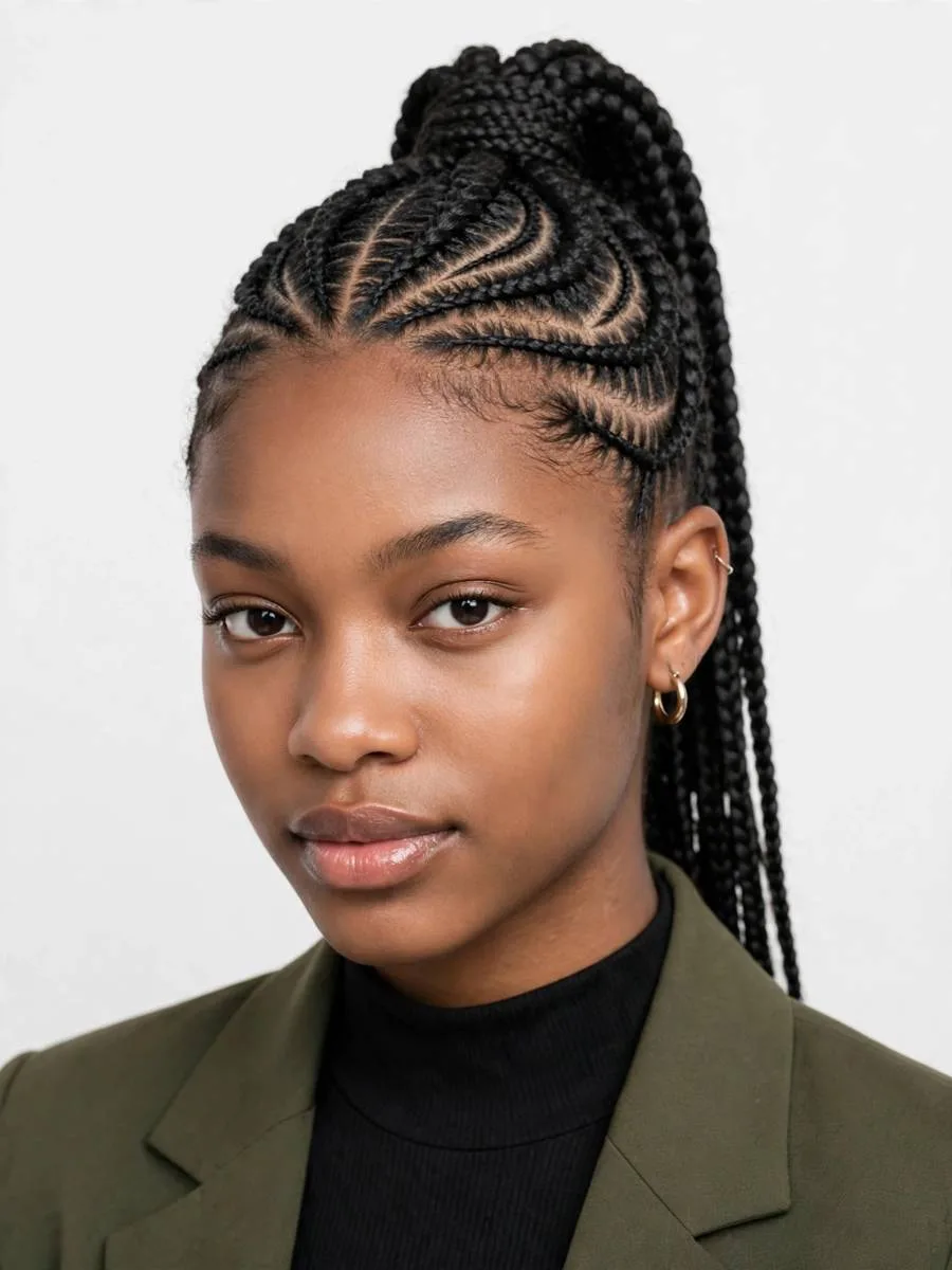 Stitch braid ponytail with fine horizontal lines across the cornrows