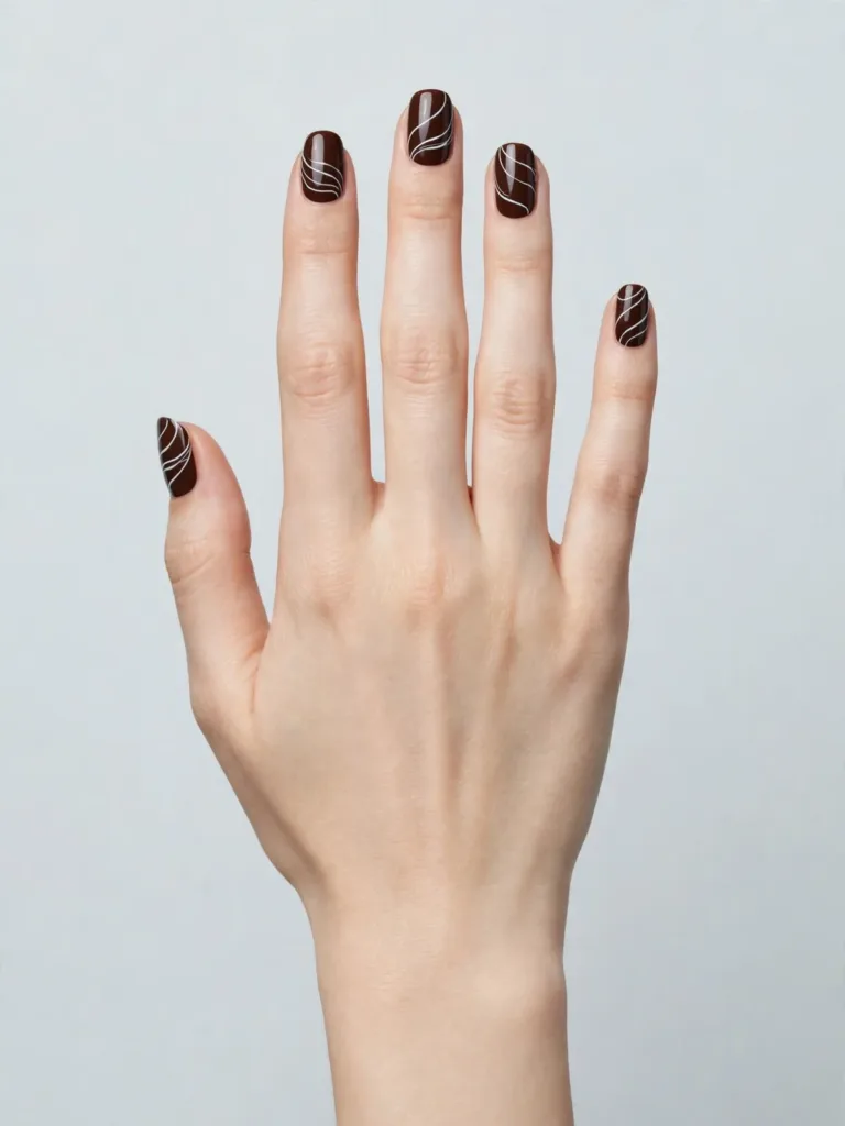 Chocolate brown nails with loose white icing swirl lines